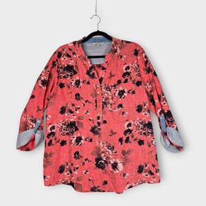 John Mark Coral Linen Blouse Floral Popover Women's Size Large